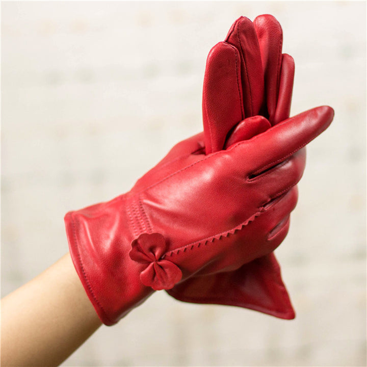 Autumn And Winter Sheep Leather Gloves Women Driving Cold Red Cute Bow Women Plus Velvet Warm Leather Gloves