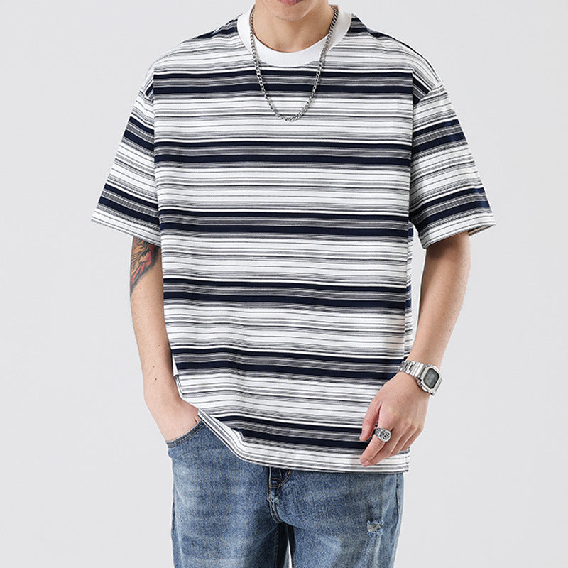 Retro Contrast Color Striped Teen T-shirt Men's Summer Basic All-matching