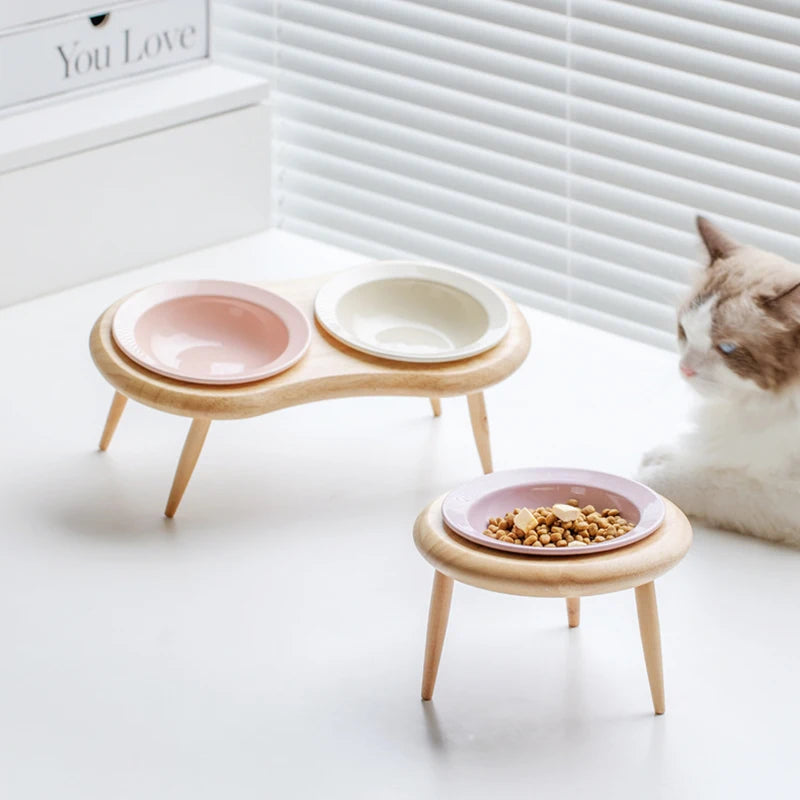 Elevated Cat and Small Dog Ceramic Food and Water Bowls with Wooden Stand