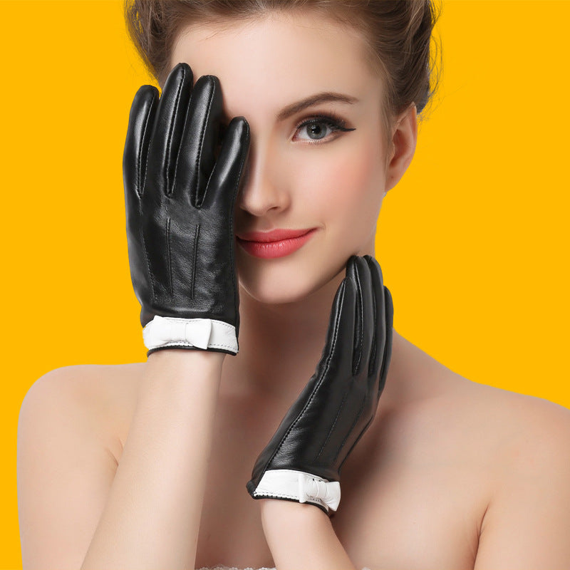 Leather Gloves Ladies Sheepskin Bow