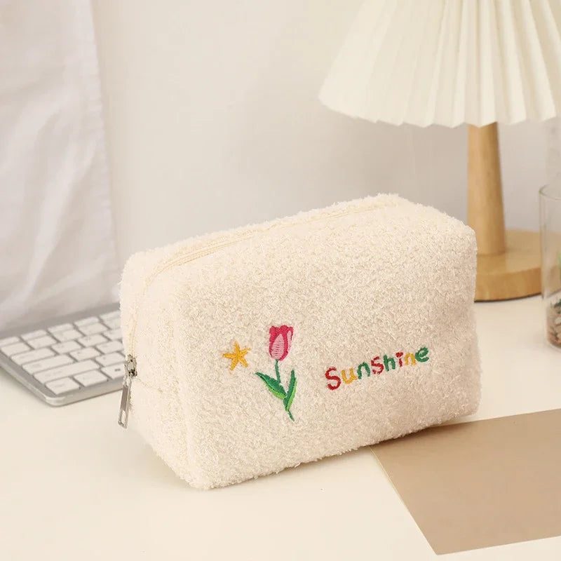 Cute Embroidered Flowers Cosmetic Bag