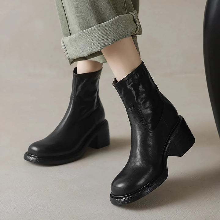 Women's Genuine Leather Ankle Boots - High Heels, Short Motorcycle Style