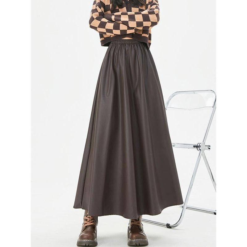 Autumn Winter Elegant A-Line Faux Leather Maxi Skirt
