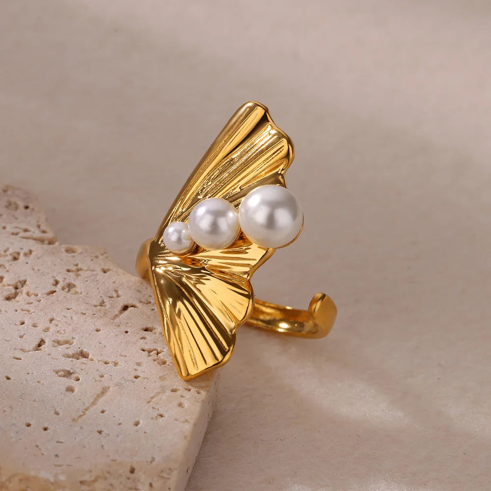 Mermaid Tail Stainless Steel Ring with Imitation Pearls – Luxury Women's Jewelry