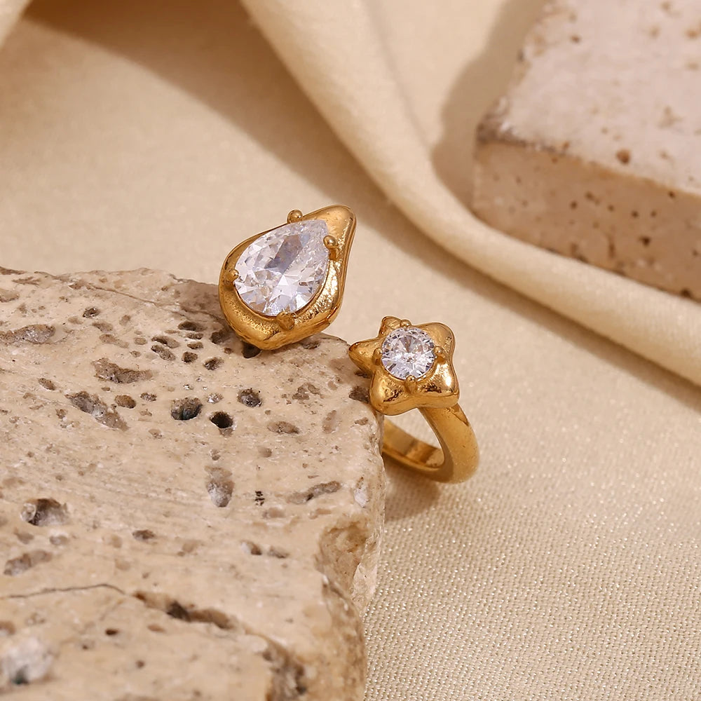 Asymmetric Water Droplets Star Ring, 18K Gold Plated Zircon Stainless Steel