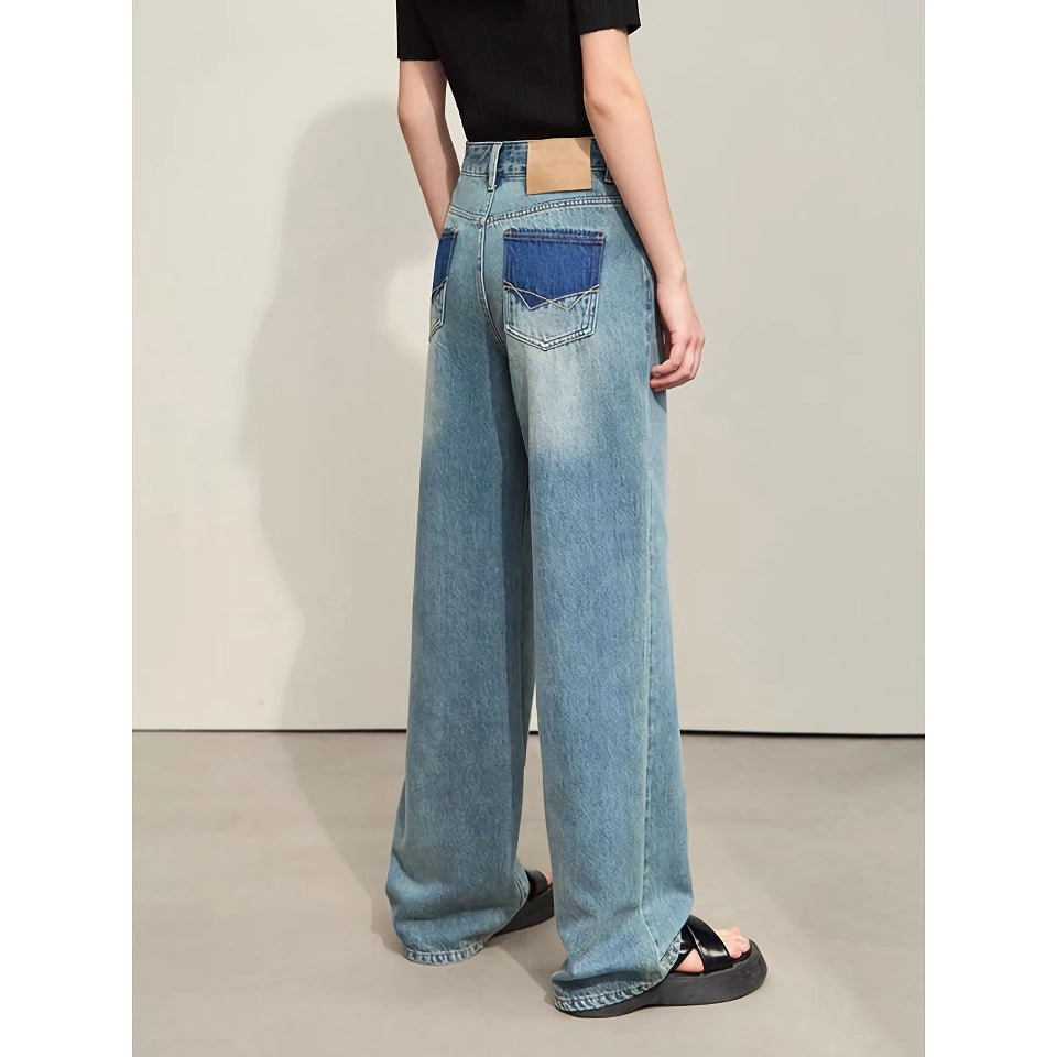 Minimalist Retro Wide-Leg Jeans with Leather Plate Decoration