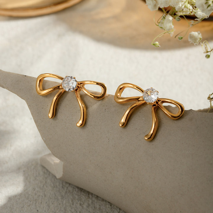 18K Gold Plated Bowknot Earrings with White Zircons