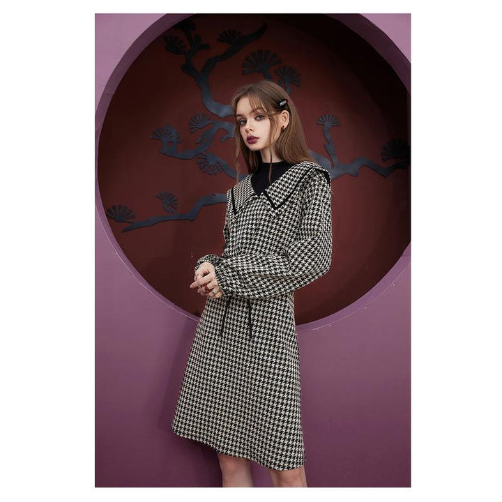 Retro Plaid Long Sleeve Knee-Length Dress