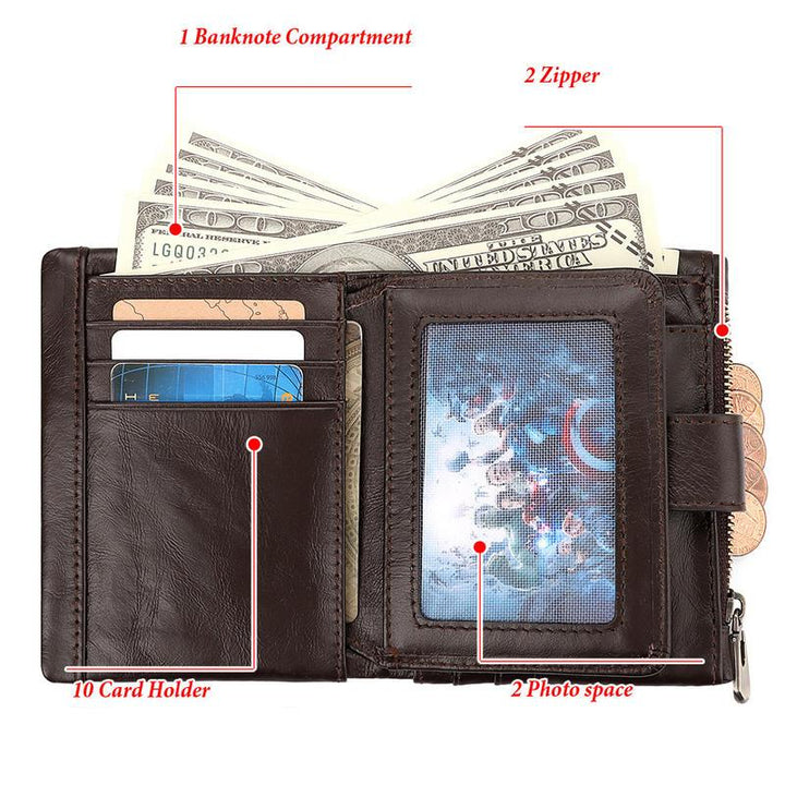 Genuine Leather Slim Wallet with Zipper Coin Pocket