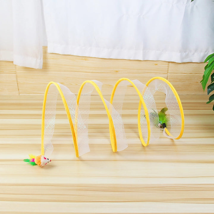 Interactive Foldable Cat Tunnel with Feather Toys and Mouse