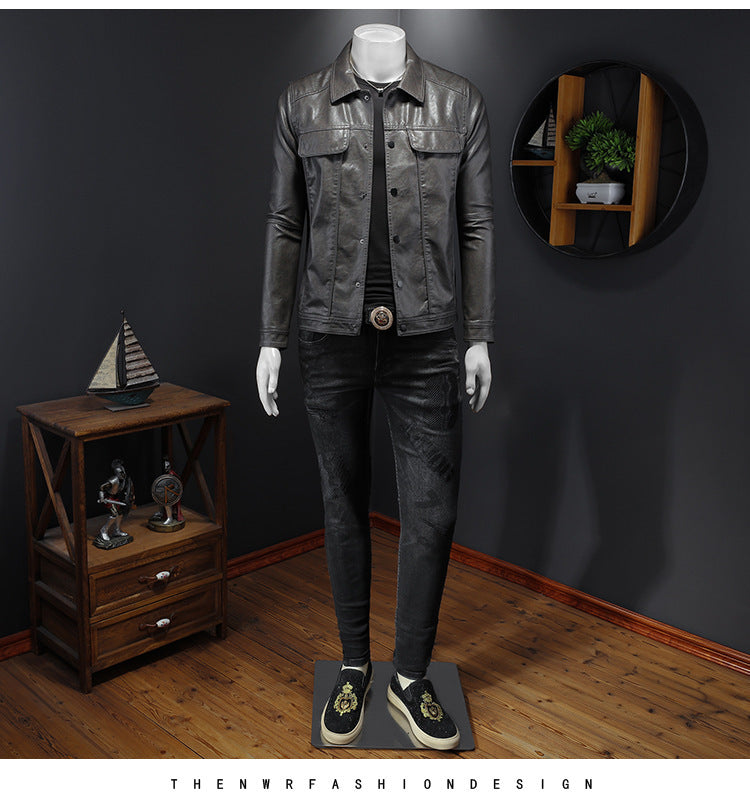 Men's Long-sleeved Lapel Motorcycle Pu Handsome Leather Coat