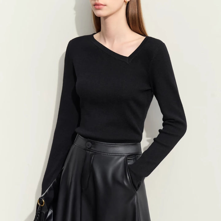 Autumn Asymmetrical Diagonal V-neck Slim Sweater