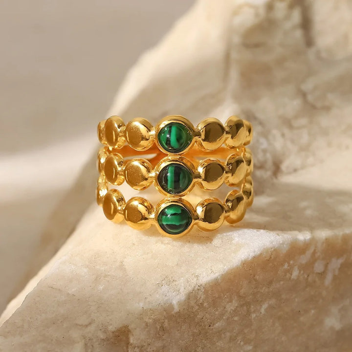 18K Gold Plated Green Malachite Triple Layer Adjustable Ring