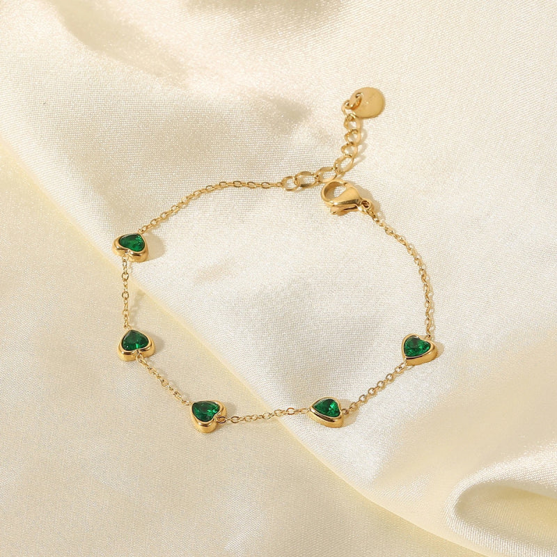 Dainty 14K Gold Plated Multi Green Heart Bracelet