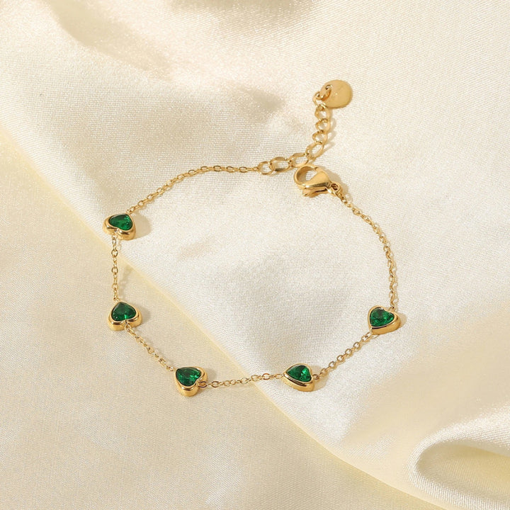 Dainty 14K Gold Plated Multi Green Heart Bracelet