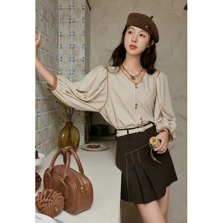 French Retro V-neck Lantern Sleeve Casual Shirt for Women