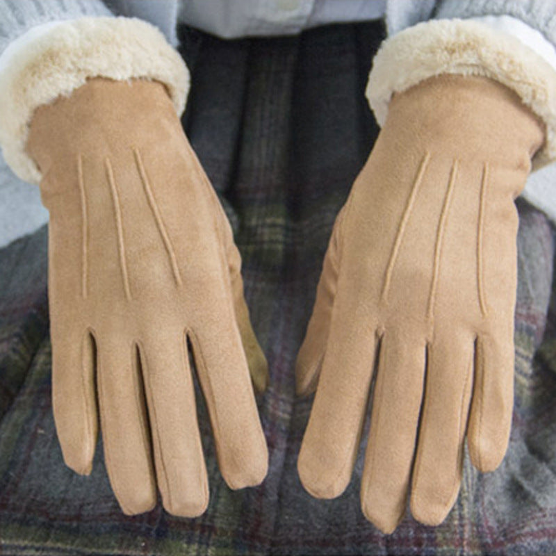 Windproof and cold-proof plus velvet thick suede European embroidery double-layer gloves