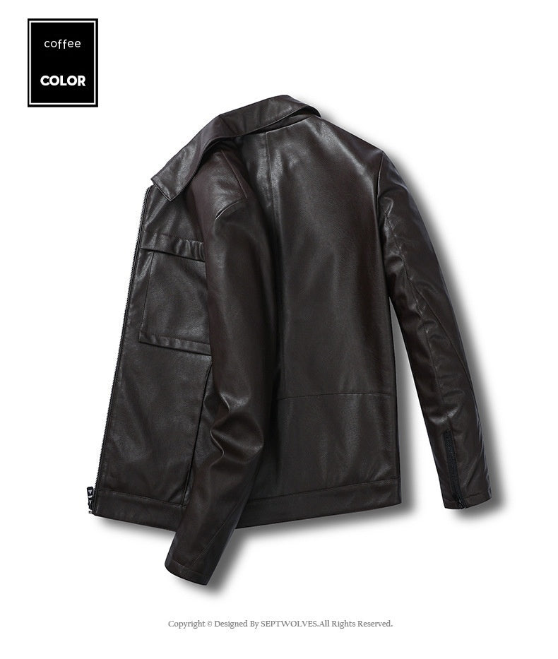 Men's Motorcycle Leather Jacket Slim Lapel Casual Leather Jacket