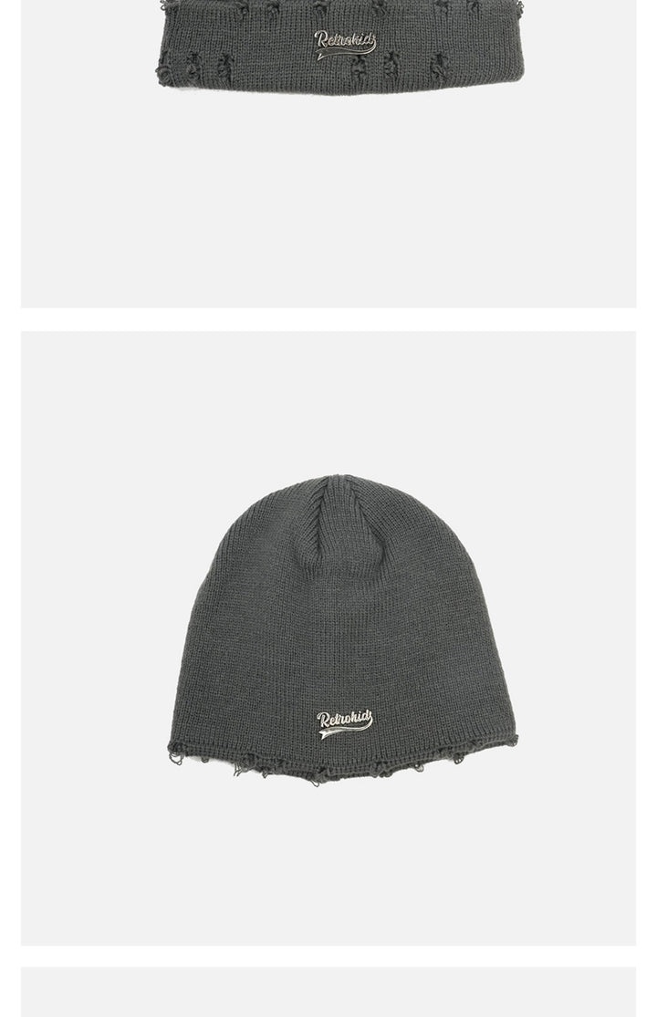 Ripped Metal Letter Woolen Cap