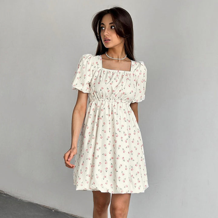 French Elegant Floral Puff Sleeve Dress