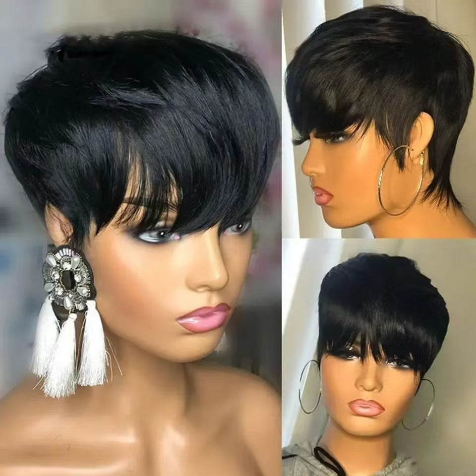 Short Straight Wig Women's Short Hair Head Cover Real Human Hair