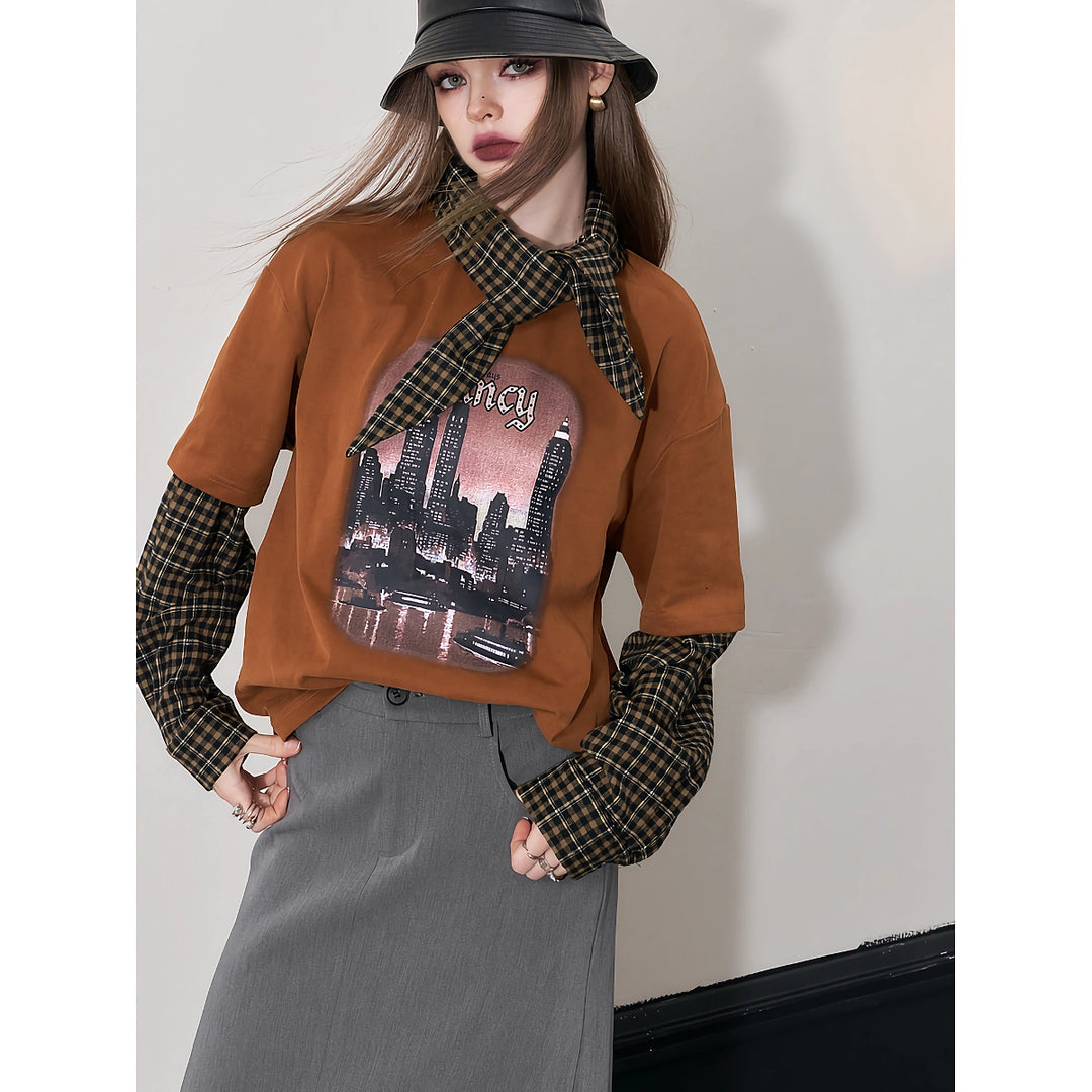 Autumn Graphic Spliced T-Shirt for Women