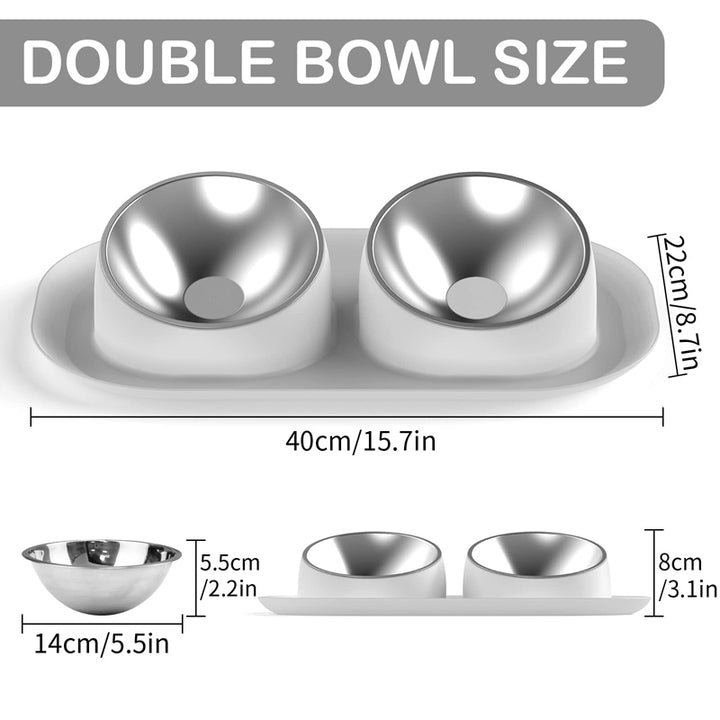 Stainless Steel Tilted Double Dog Bowl - Anti-Skid, No Spill, Removable Feeding Bowls for Cats and Dogs