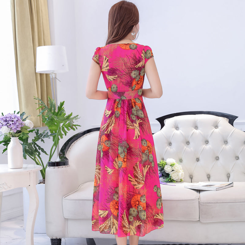 Floor Sweeping Chiffon Printed Dress With Short Sleeves