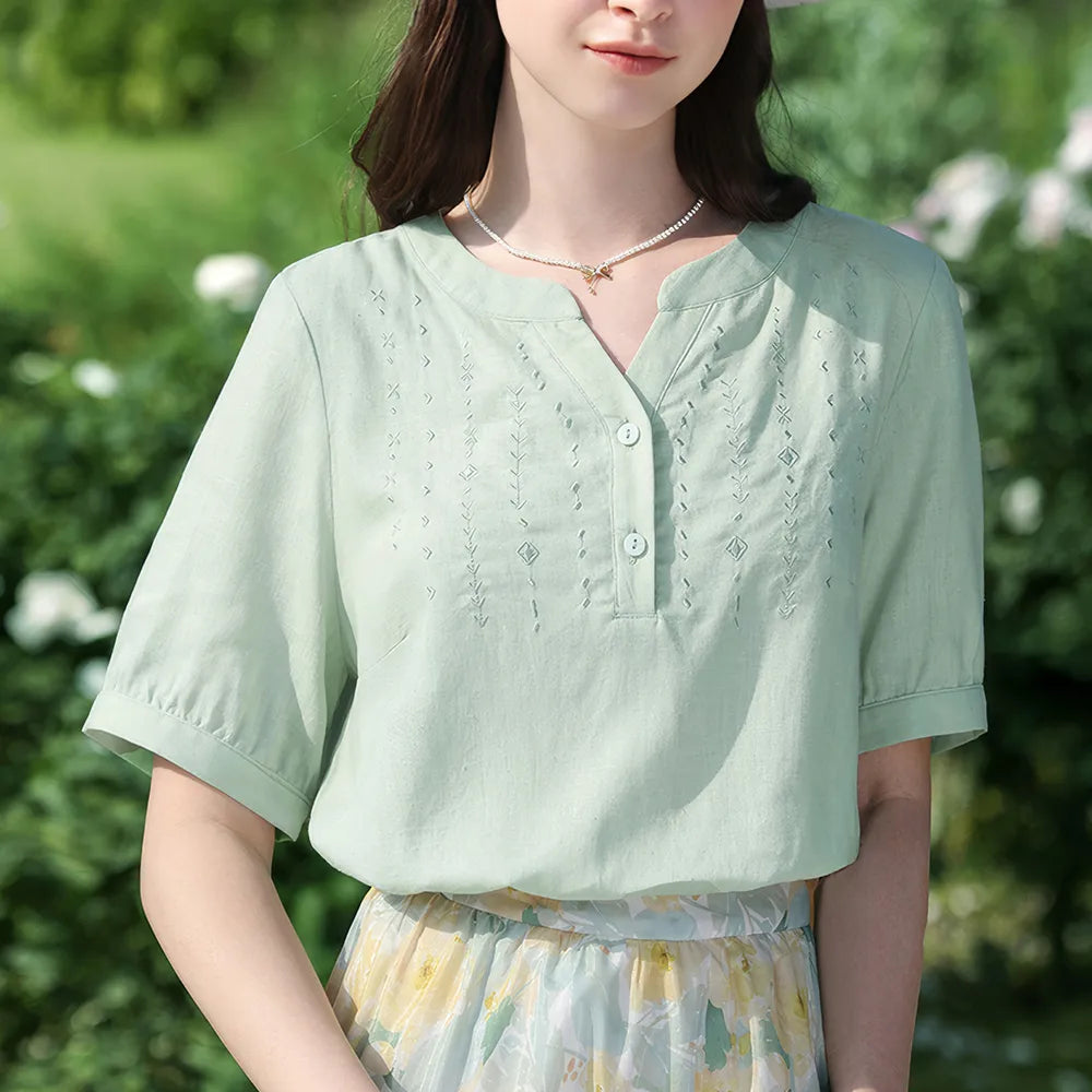 French Geometric Embroidery V-Neck Women's Blouse
