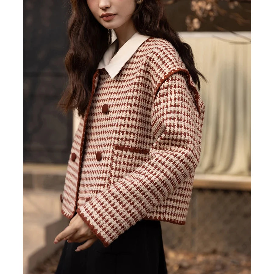 Elegant Plaid Wool Blend Short Coat for Women