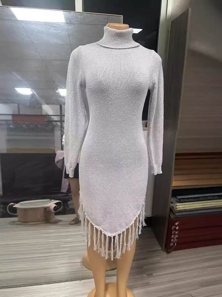 Round Neck Long Sleeve Tassel Dress Women