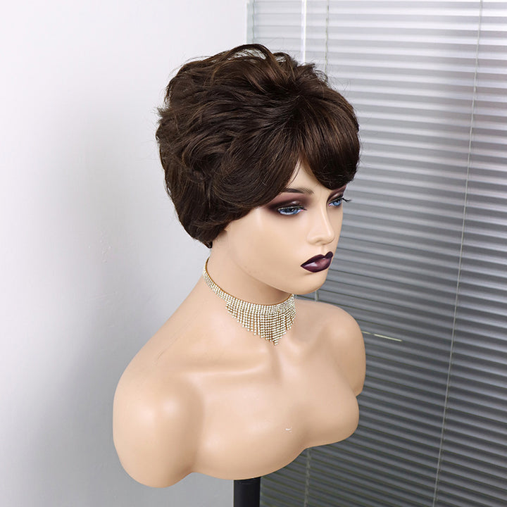 Short Wavy Pixie Cut Full Machine Made Human Hair Wigs