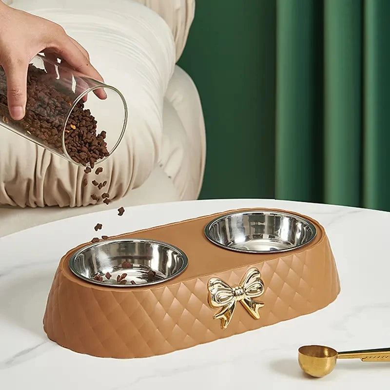 Luxury Double Pet Feeding Bowl with Bow-tie Design