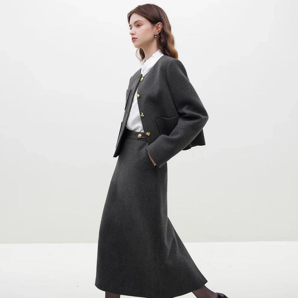 Korean Style Woolen Coat + Skirt Set for Stylish Women