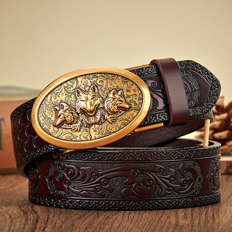 Men's 3.5CM Retro Leather Belt with Automatic Wolf Buckle