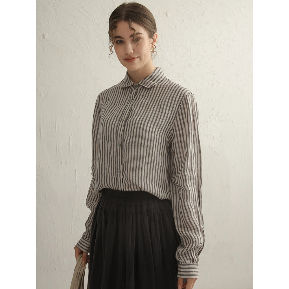 Vintage Striped Cotton Linen Long Sleeve Shirt