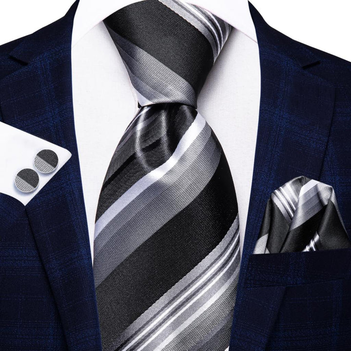 Elegant Black Grey Striped Men's Necktie with Matching Cufflinks and Handkerchie