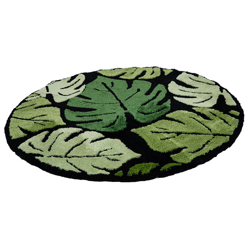 Round Green Monstera Leaf Plush Rug