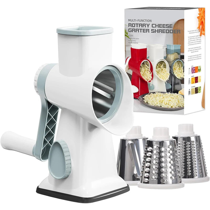 3-in-1 Rotary Cheese Grater & Versatile Vegetable Slicer with Stainless Steel Blades