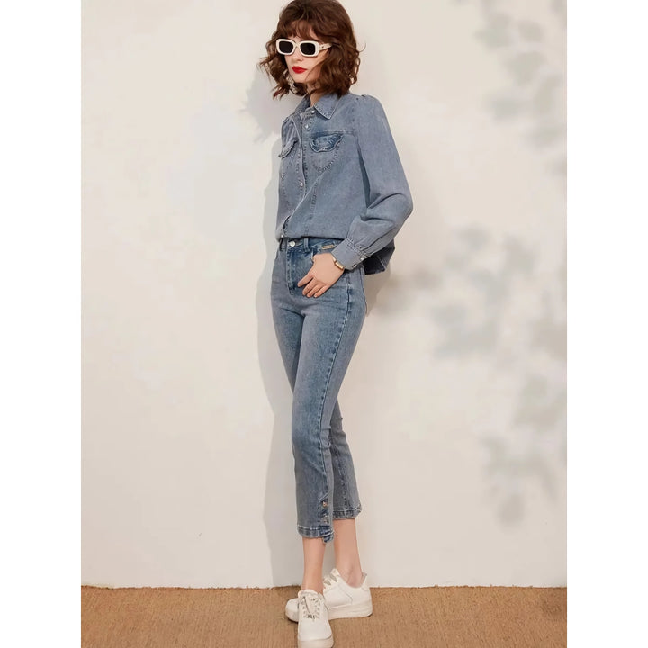 Chic Turn-Down Collar Denim Blouse for Women