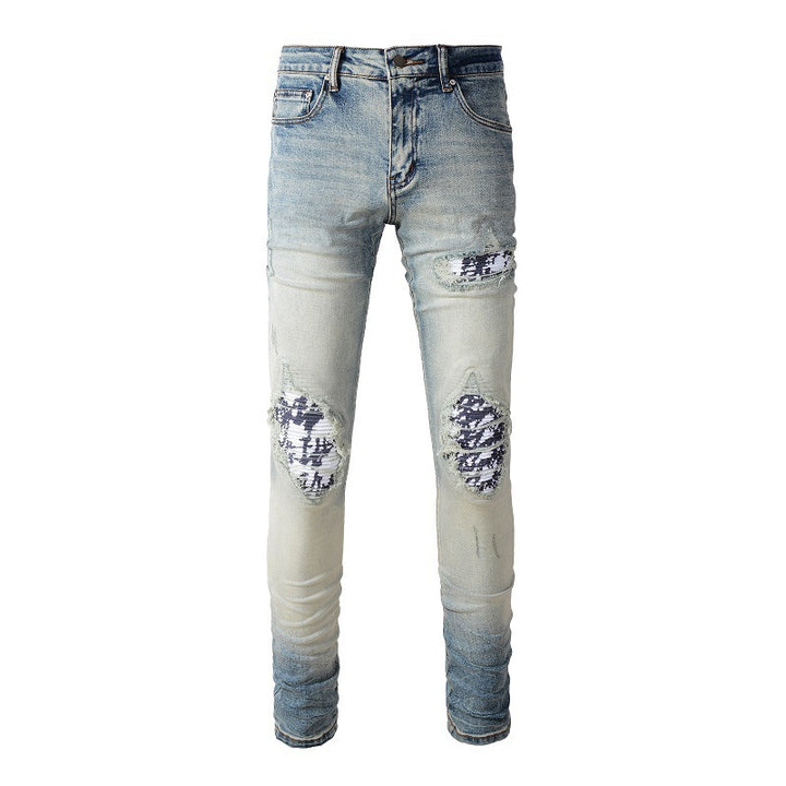 American High Street Fashionable Men's Ripped Black And White Patch Jeans