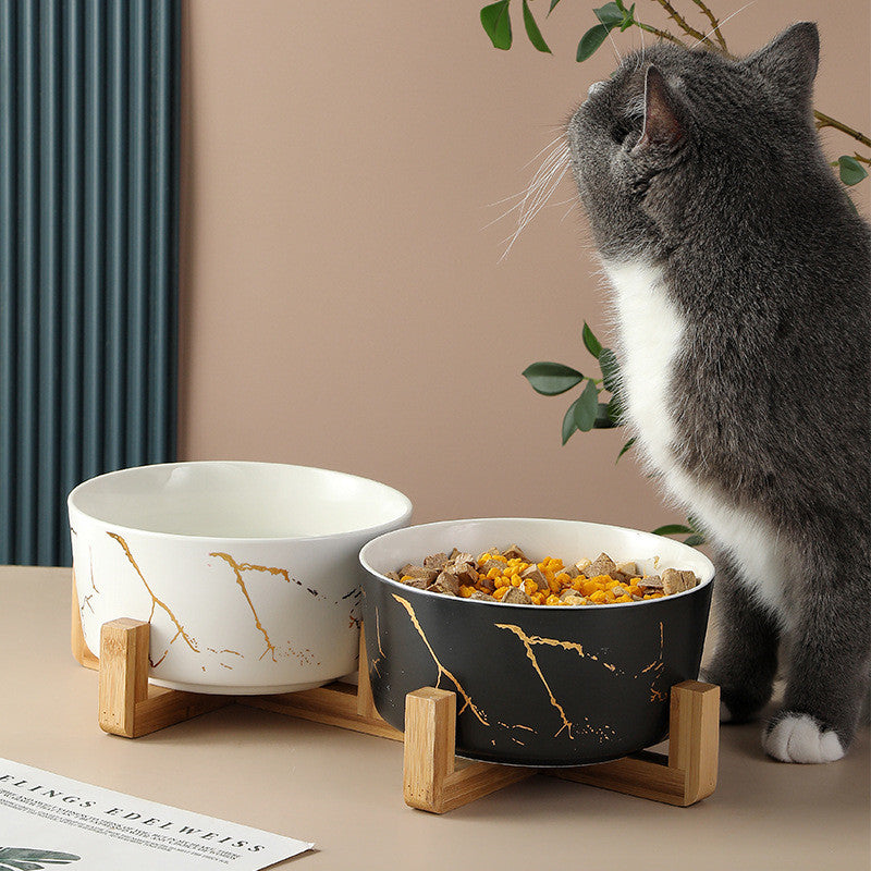 Elegant Marble Pet Bowl with Bamboo Stand