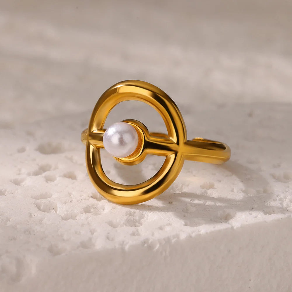 Elegant Gold-Tone Imitation Pearl Rings – Trendy Round Engagement & Statement Jewelry