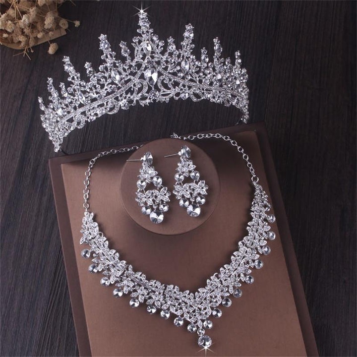 Luxury Crystal Bridal Jewelry Set - Silver Choker Necklace, Water Drop Earrings & Tiara