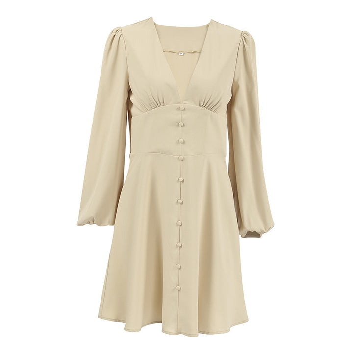 French Chiffon V-neck Long-sleeve Dress Autumn Fashion Khaki Tight Waist A- Line