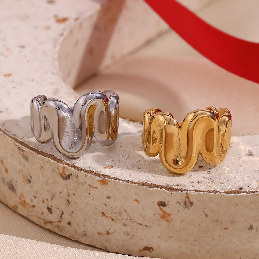 Wave Spring Adjustable Open Ring - Gold Plated, Hypoallergenic, Water Resistant