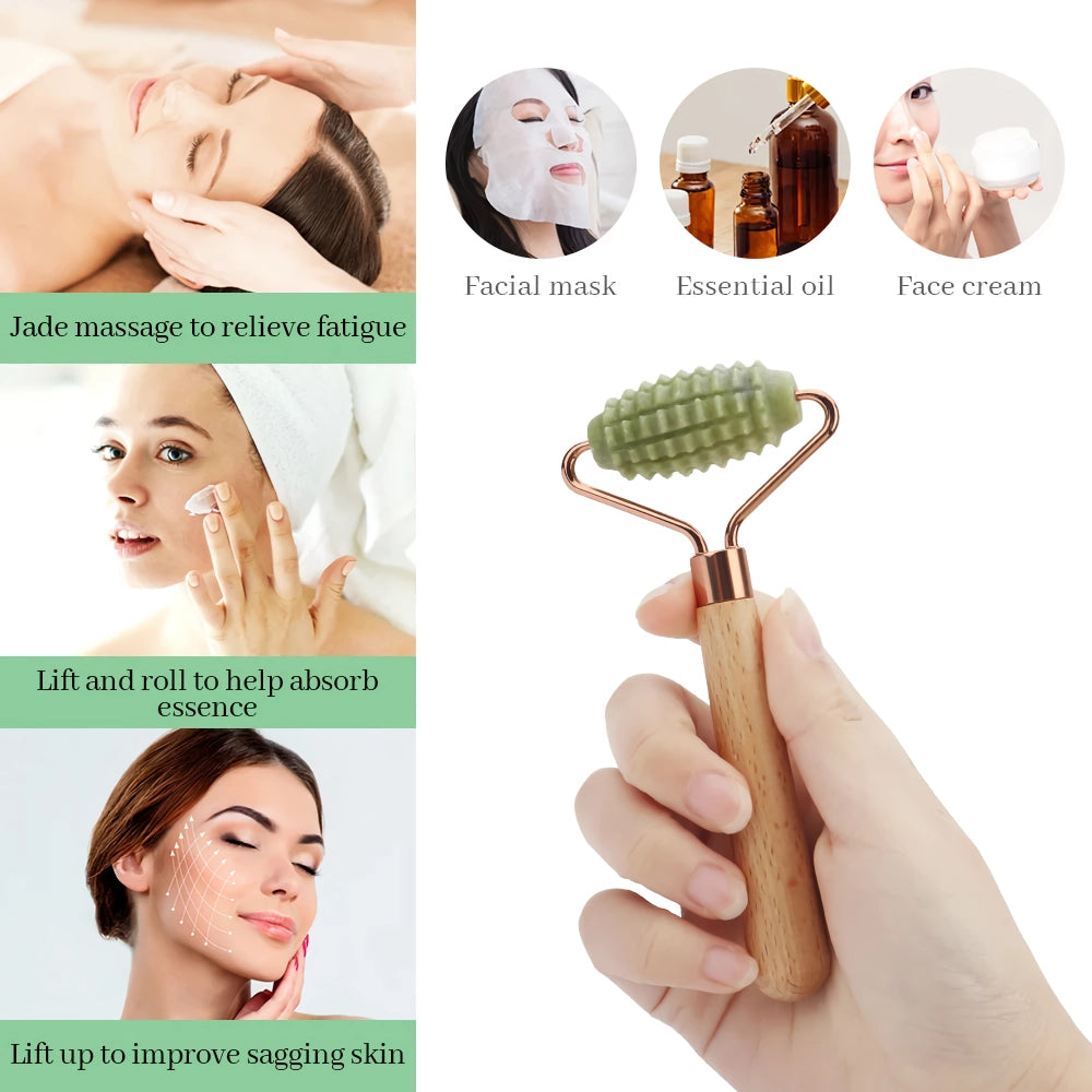 Jade Roller and Gua Sha Massager with Wooden Handle for Skin Lifting and Slimming