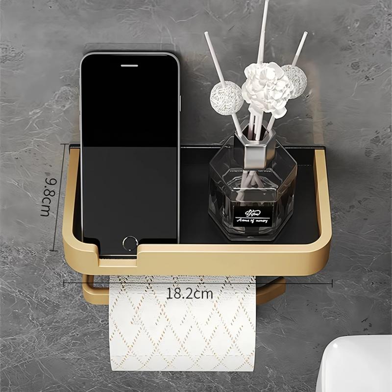 Black & Gold Aluminum Bathroom Paper Holder with Phone Shelf