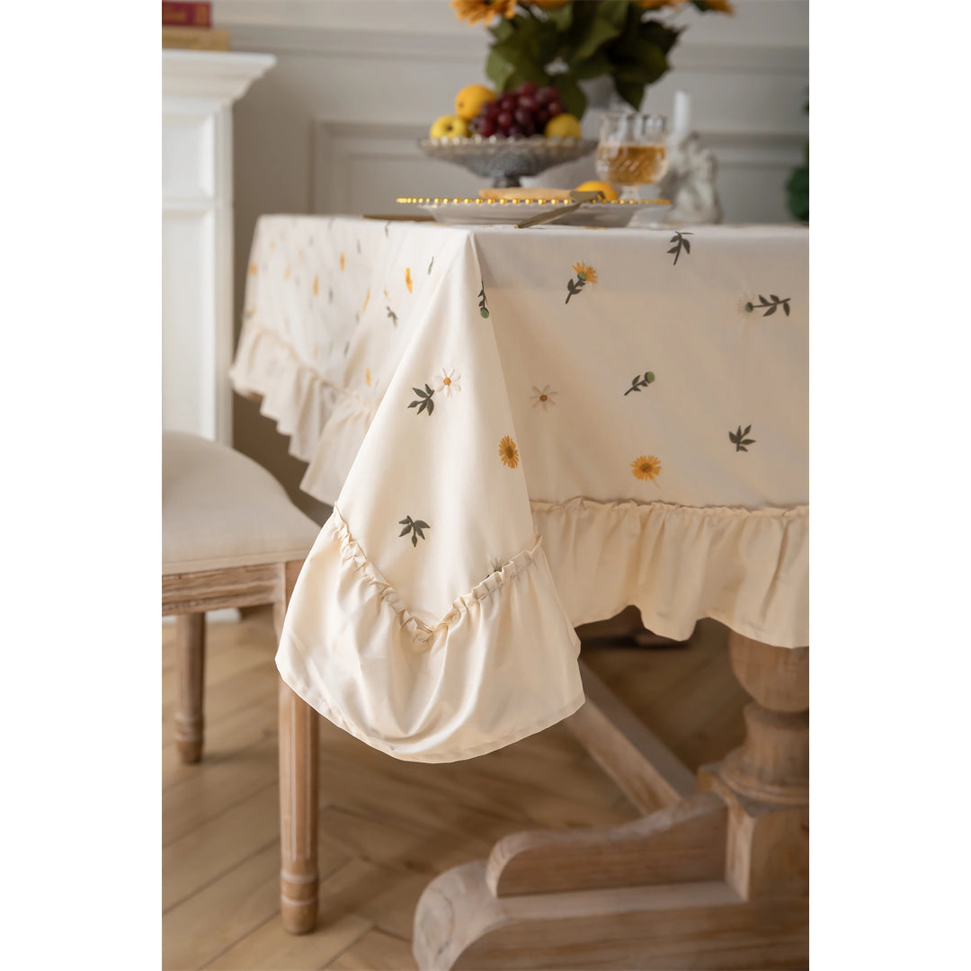 Elegant Cotton Apricot Embroidered Tablecloth with Lotus Leaf Edge