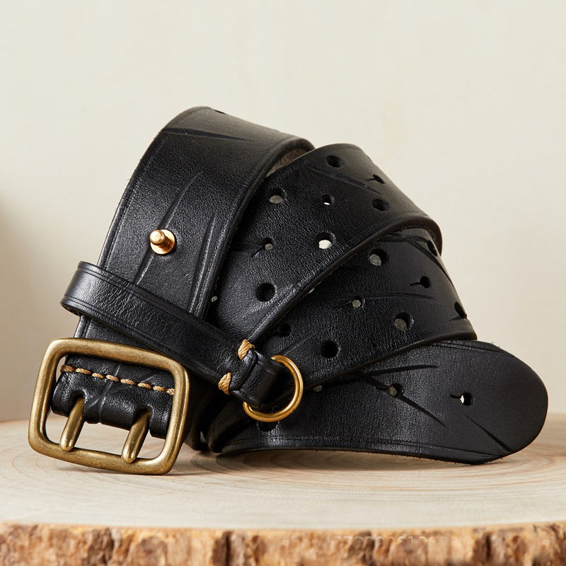 Genuine Leather Men's Double Buckle Belt for Jeans and Trousers